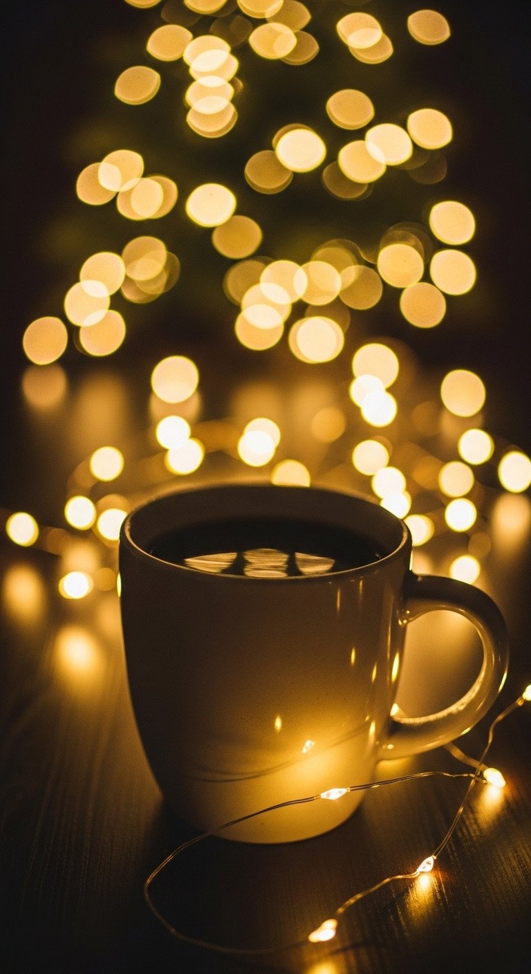 Christmas coffee mug in foreground with magical bokeh from warm glowing fairy lights in blurred background on dark table