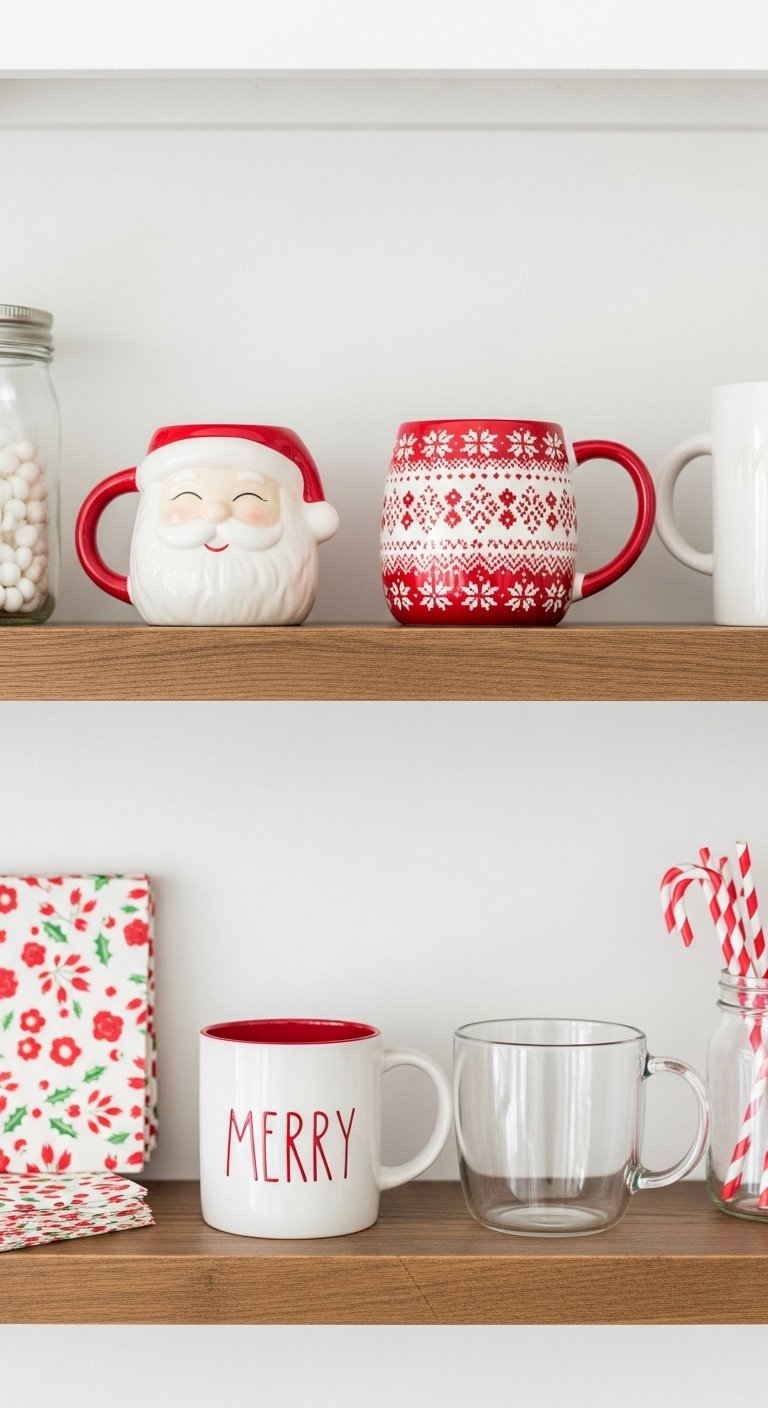 Christmas coffee shop aesthetic at home with a collection of festive themed mugs displayed on open shelving with napkins and straws