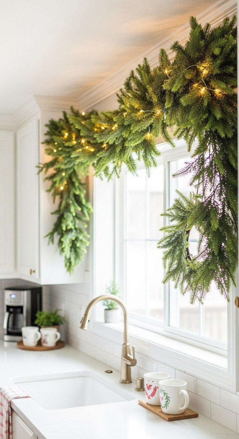 Christmas coffee shop aesthetic at home with festive faux cedar garland and warm white fairy lights draped over a kitchen window