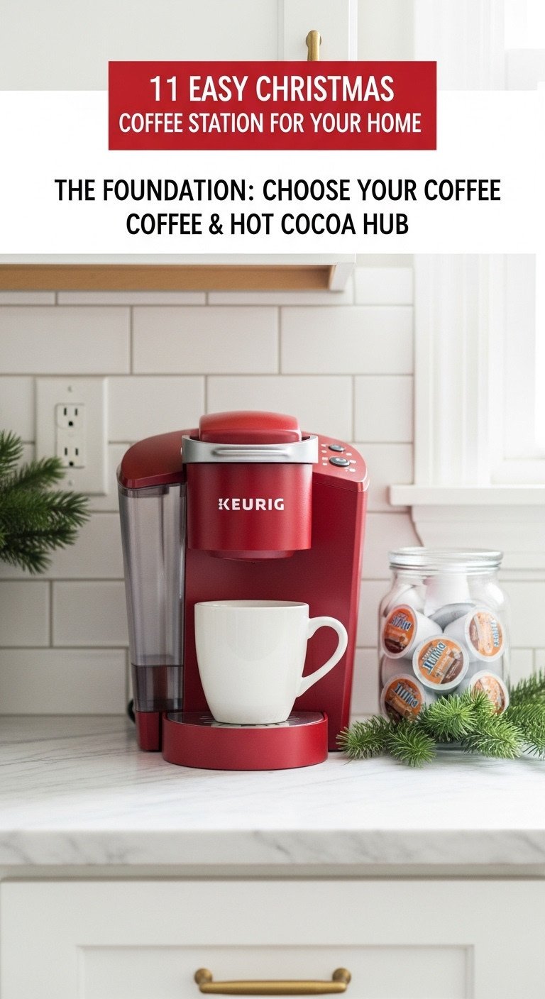Christmas coffee station with a festive red single serve coffee maker as the foundation on a white marble countertop