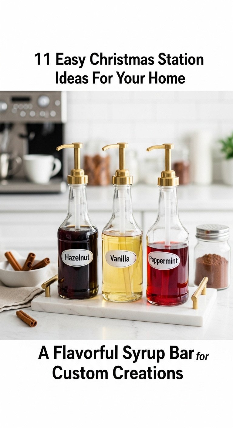 Christmas coffee station with a flavorful syrup bar featuring elegant glass dispensers filled with hazelnut vanilla and peppermint syrups