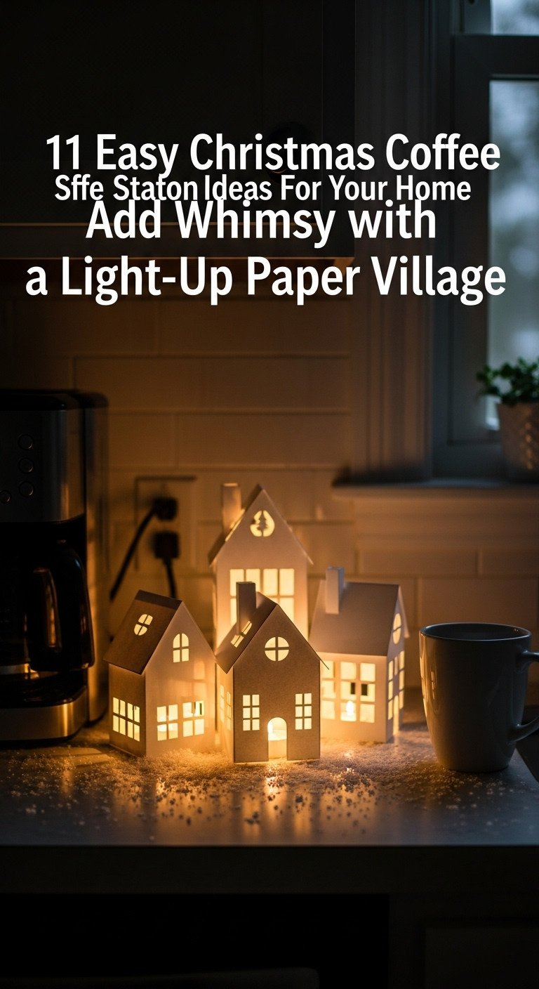 Christmas coffee station with a light-up paper village glowing warmly from within the windows on a countertop