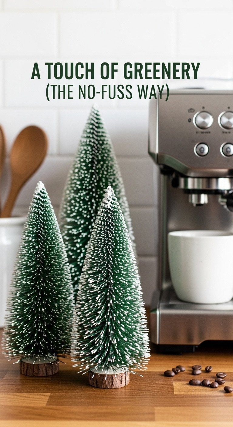 Christmas coffee station with a touch of greenery featuring a trio of snow dusted bottle brush trees next to a coffee machine