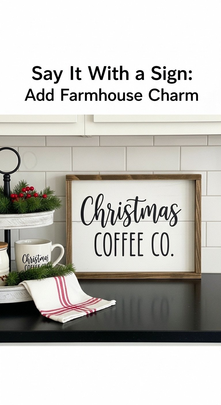 Christmas coffee station with farmhouse charm featuring a rustic wooden sign reading Christmas Coffee Co leaning on a kitchen backsplash