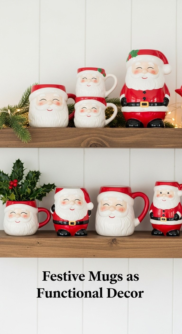 Christmas coffee station with festive mugs as functional decor featuring vintage Santa Claus mugs on a rustic wooden shelf