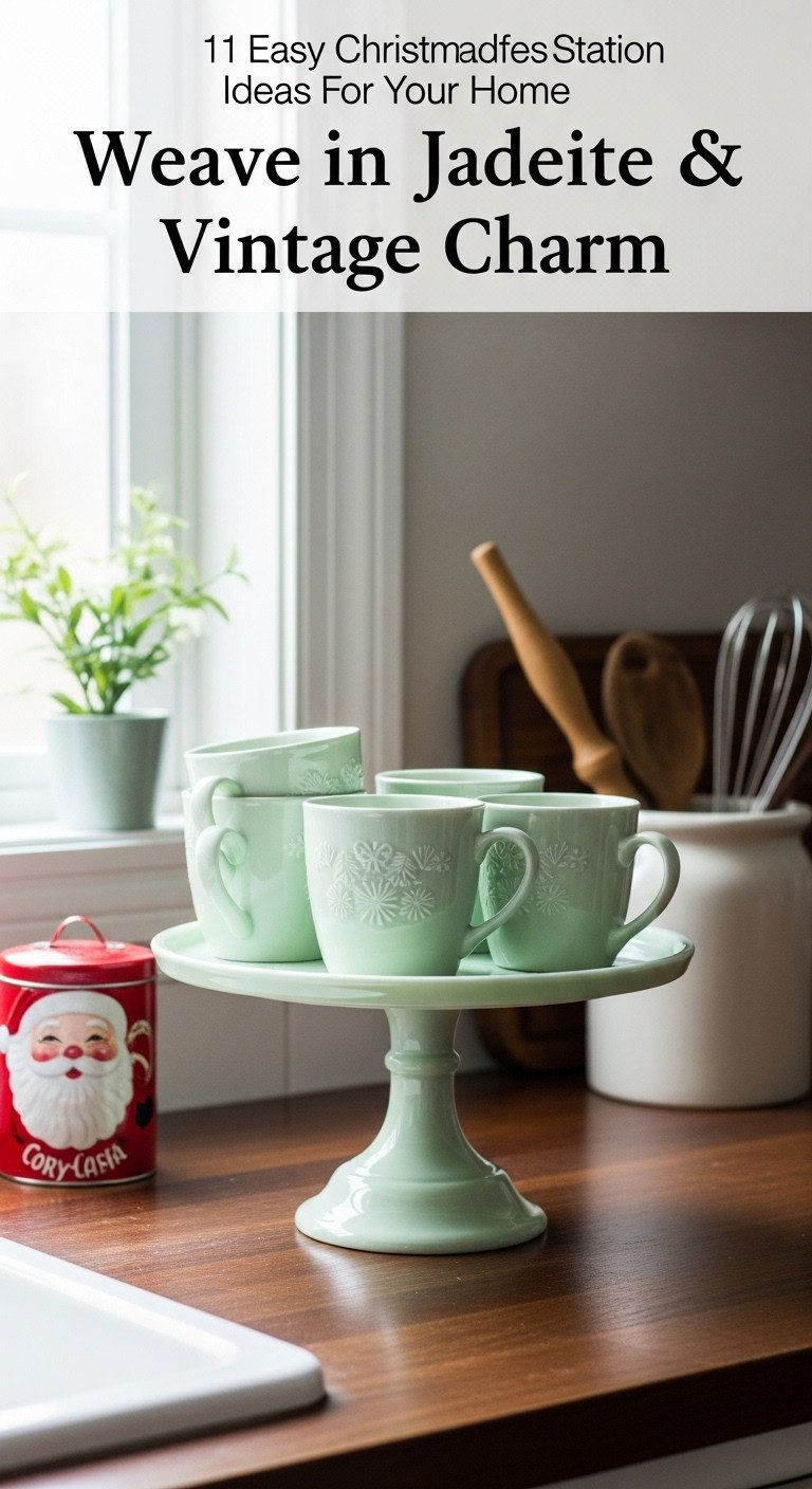 Christmas coffee station with jadeite and vintage charm featuring a milky green cake stand with festive mugs and a Santa container