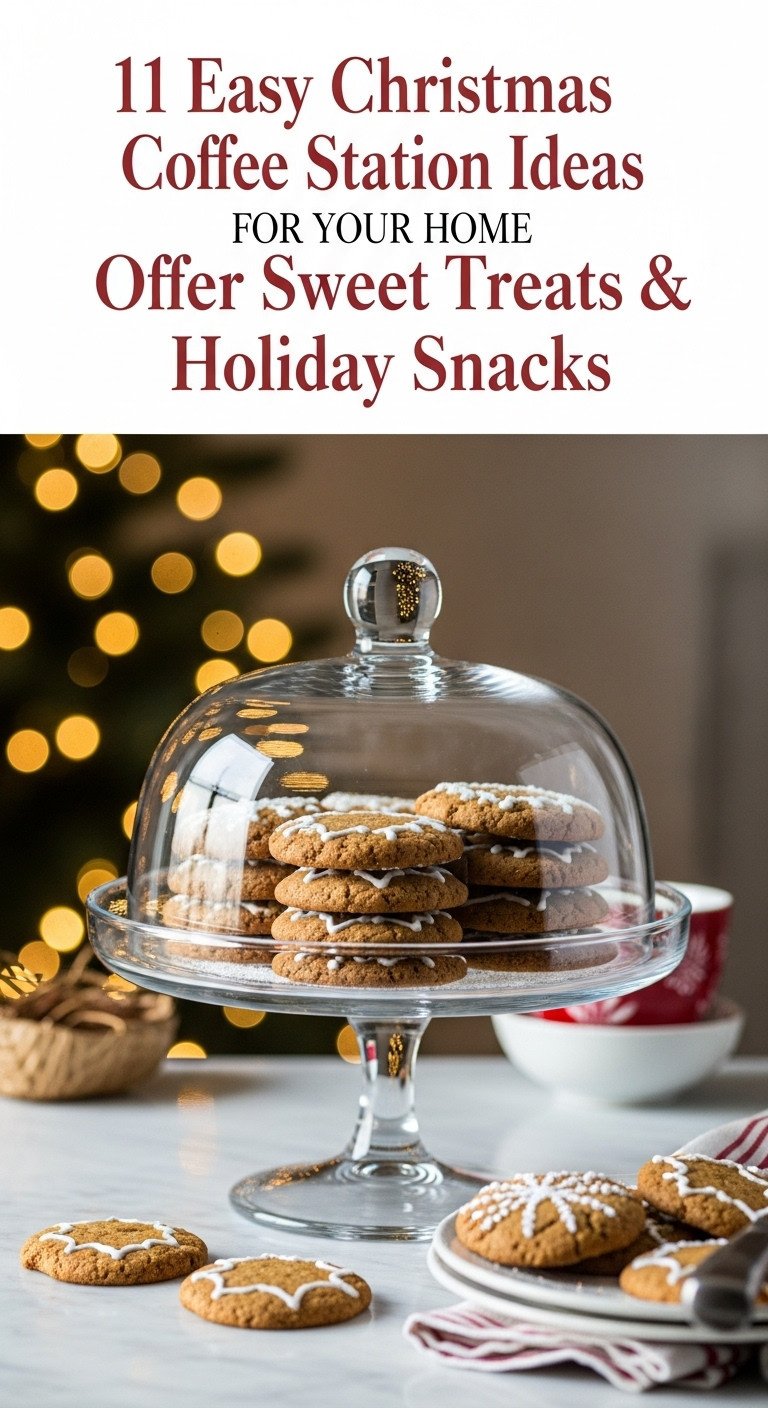 Christmas coffee station with sweet treats and holiday snacks featuring a glass cake stand with gingerbread cookies
