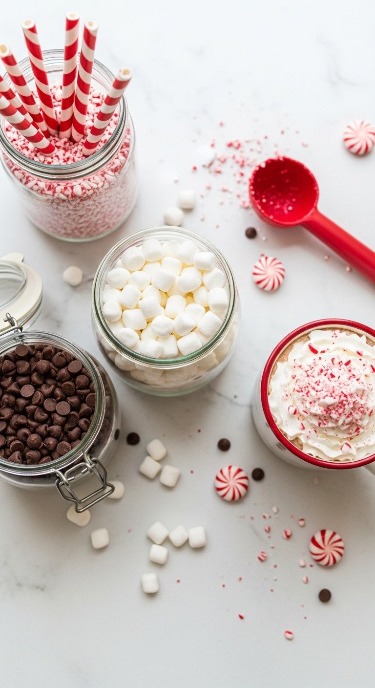 Christmas coffee station with the ultimate hot cocoa corner featuring glass jars of marshmallows chocolate chips and crushed peppermint
