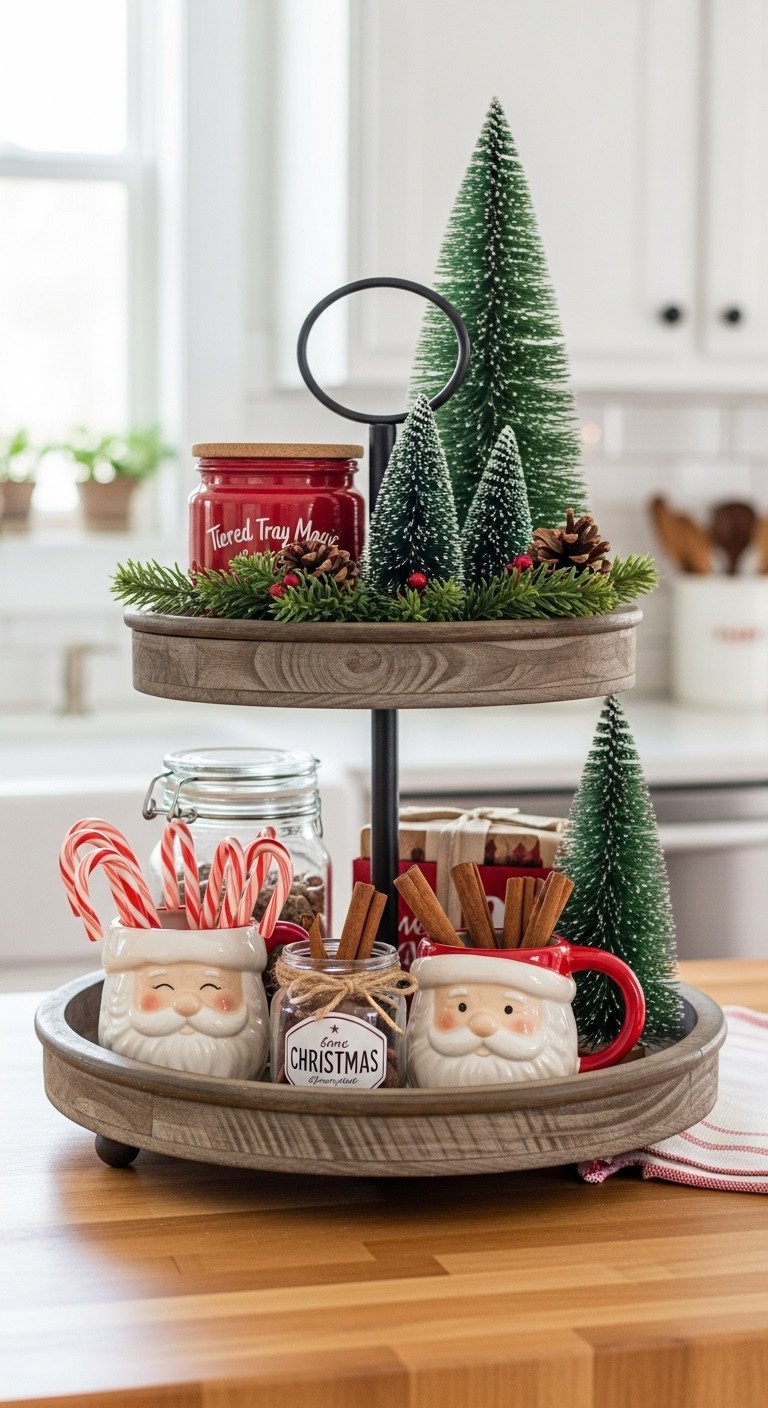 Christmas coffee station with tiered tray magic featuring a rustic two tiered tray decorated with Santa mugs candy canes and bottle brush trees