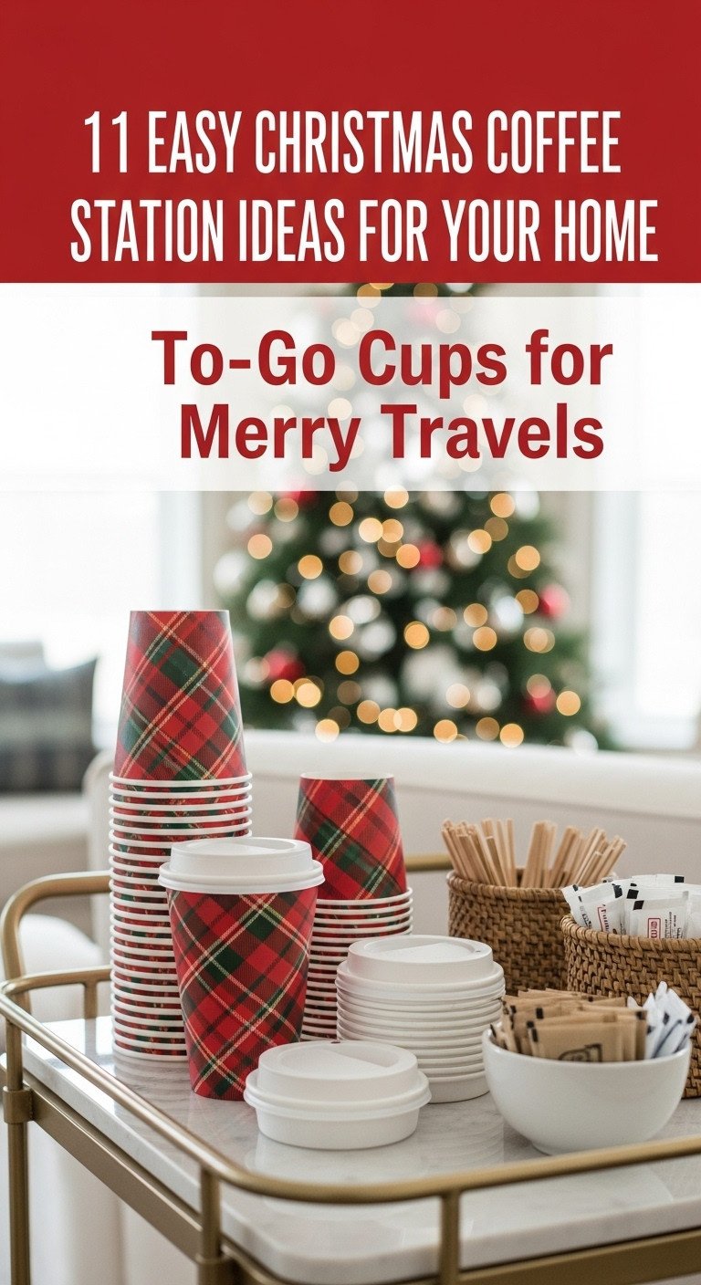Christmas coffee station with to go cups for merry travels featuring a stack of festive paper cups with lids and stir sticks