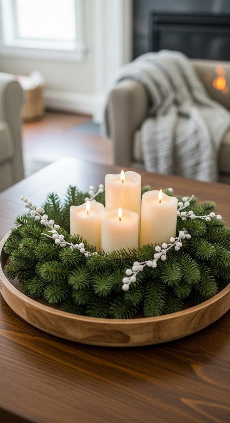 Christmas coffee table centerpiece with a classic wreath and candle tray featuring noble fir pine and flameless pillar candles