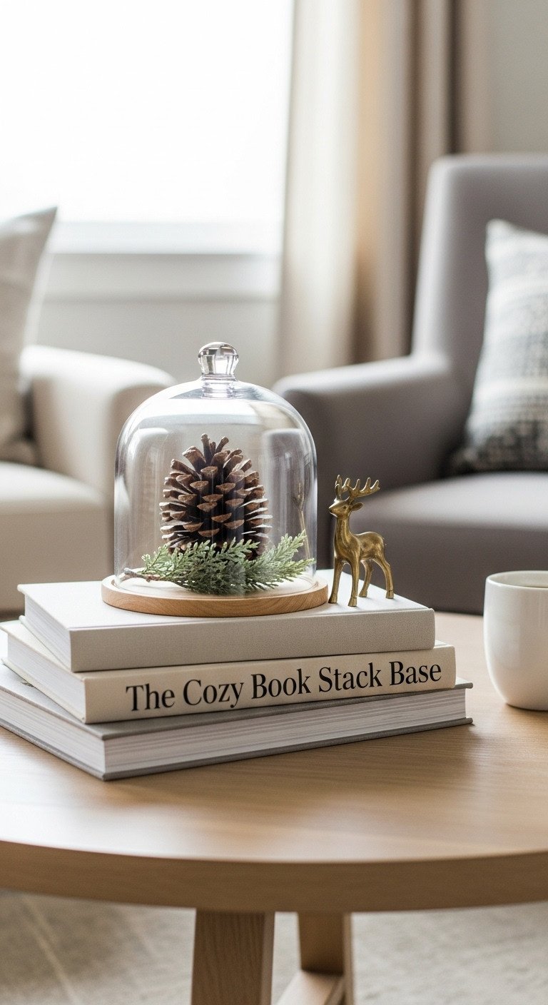 Christmas coffee table centerpiece with a cozy book stack base a glass cloche over a pinecone and a brass reindeer figurine
