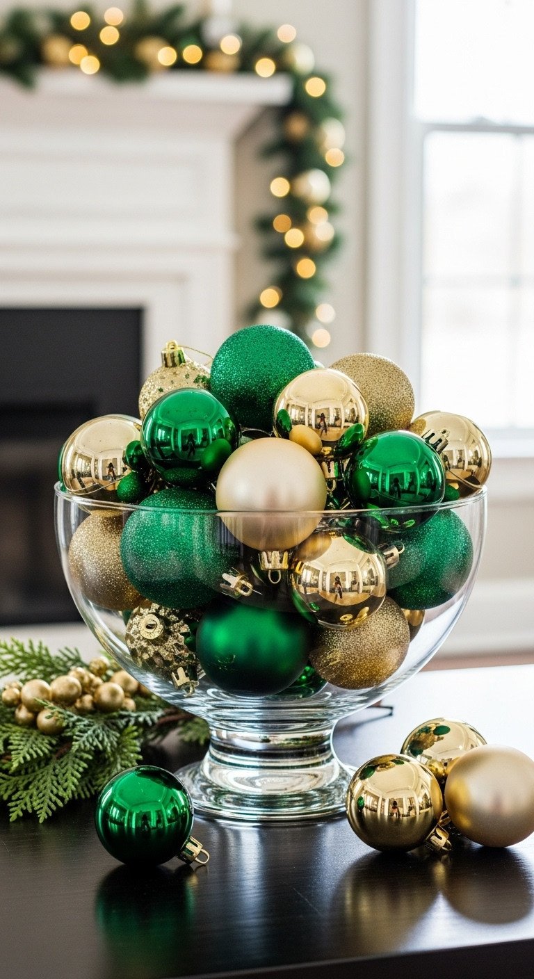 Christmas coffee table centerpiece with a festive bowl of emerald green gold and cream ornaments with cedar greenery