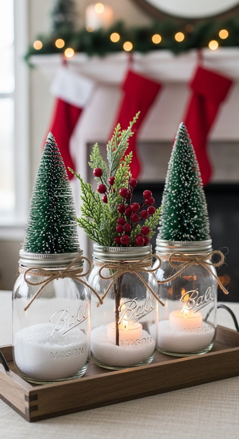Christmas coffee table centerpiece with a mason jar and faux snow scene displaying bottle brush trees cedar and tea lights