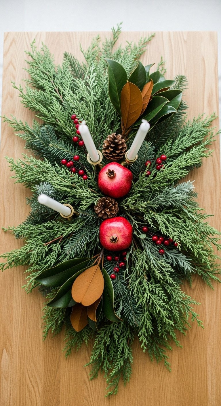 Christmas coffee table centerpiece with a natural and organic greenery spread of cedar magnolia pomegranates and pinecones