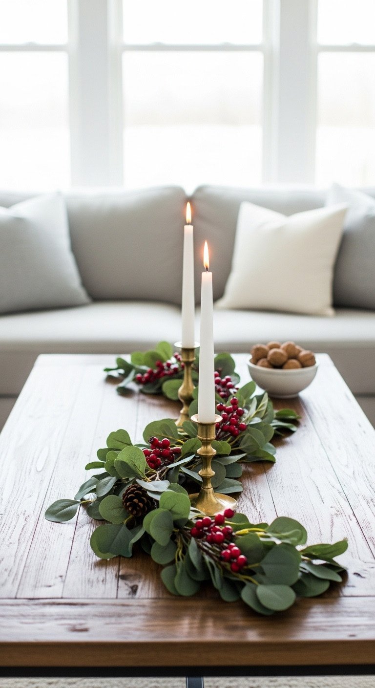 Christmas coffee table centerpiece with a simple garland runner of eucalyptus red berries and brass candlesticks on a wood table