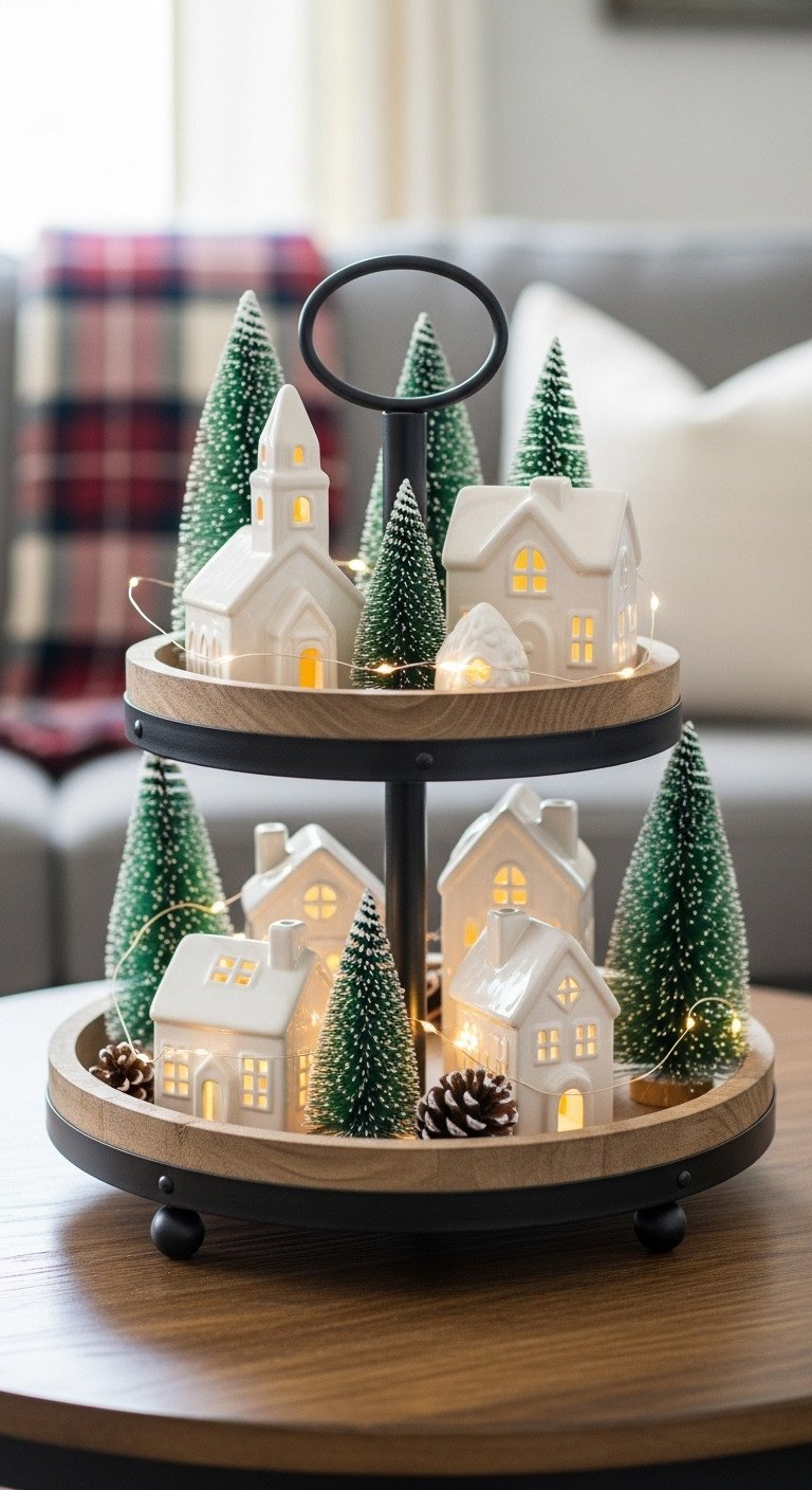 Christmas coffee table centerpiece with a tiered tray holiday village featuring ceramic houses bottle brush trees and fairy lights