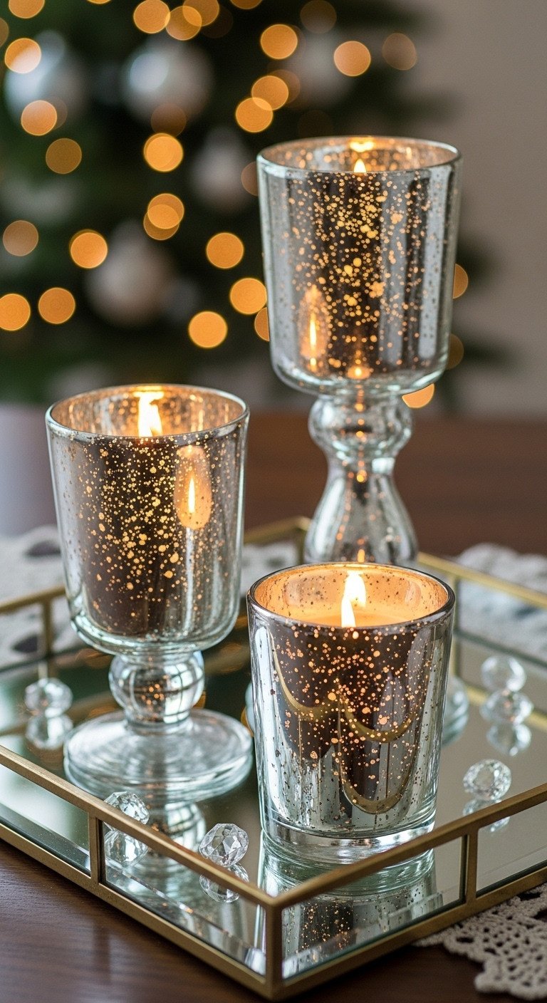 Christmas coffee table centerpiece with a trio of sparkling mercury glass candle holders on a mirrored tray