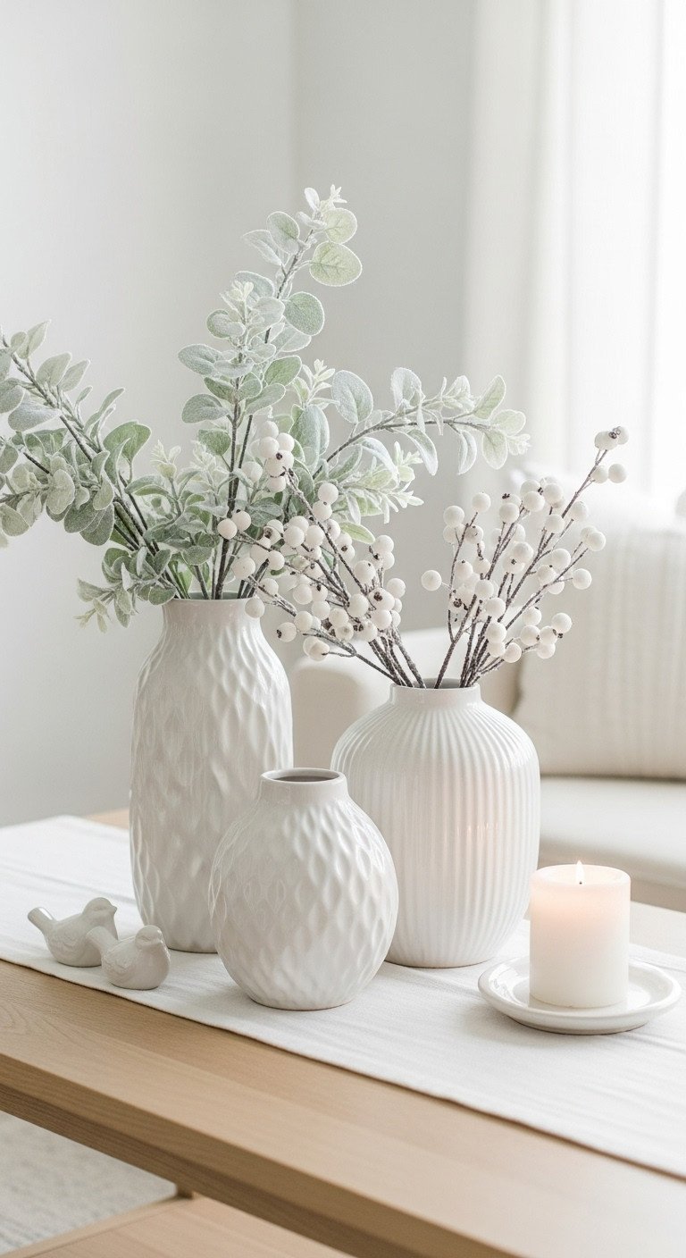Christmas coffee table centerpiece with a winter white wonderland display of textured ceramic vases frosted eucalyptus and white berry branches