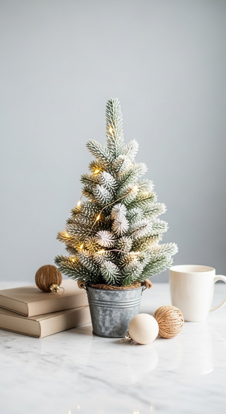 Christmas coffee table centerpiece with an enchanted mini flocked Christmas tree in a galvanized bucket twinkling with fairy lights