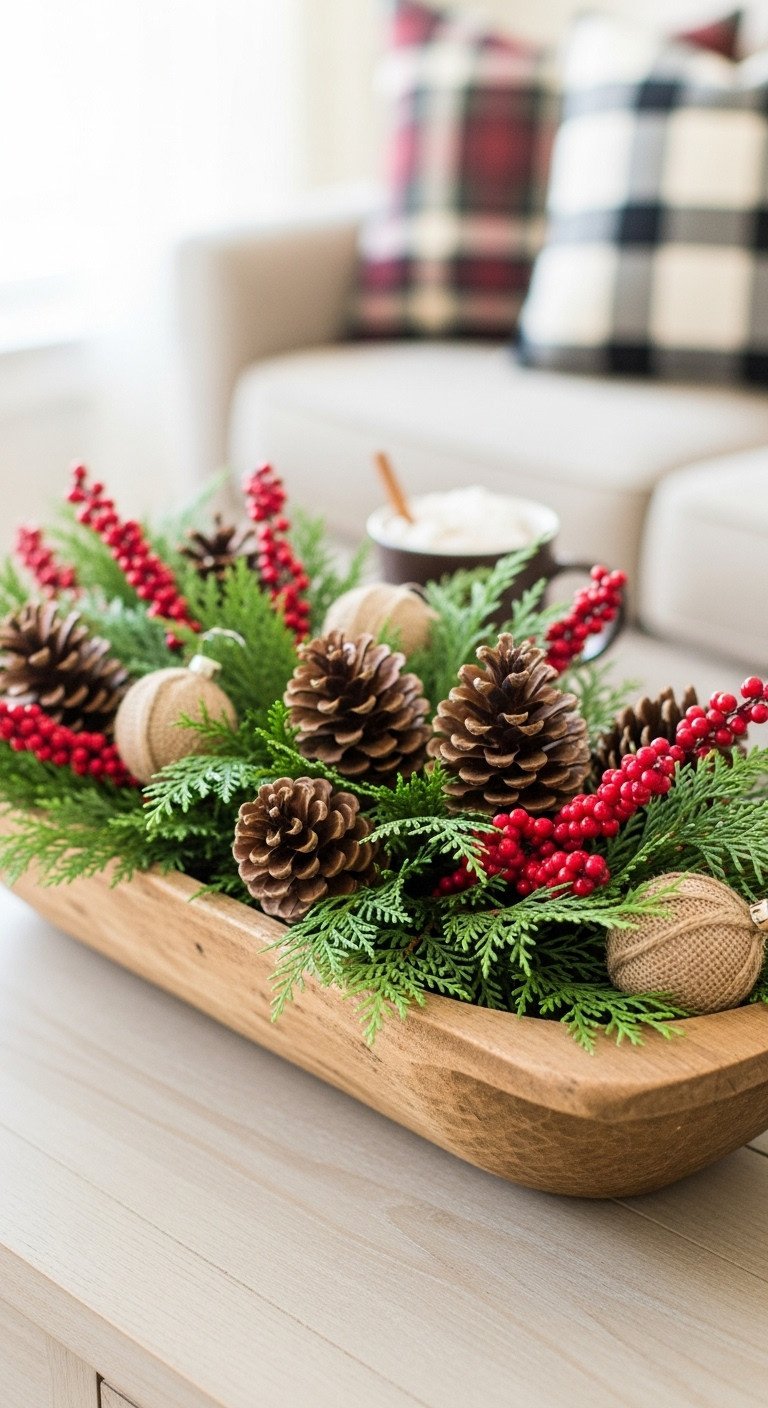 Christmas coffee table centerpiece with rustic dough bowl filled with cedar sprigs pinecones and red cranberries