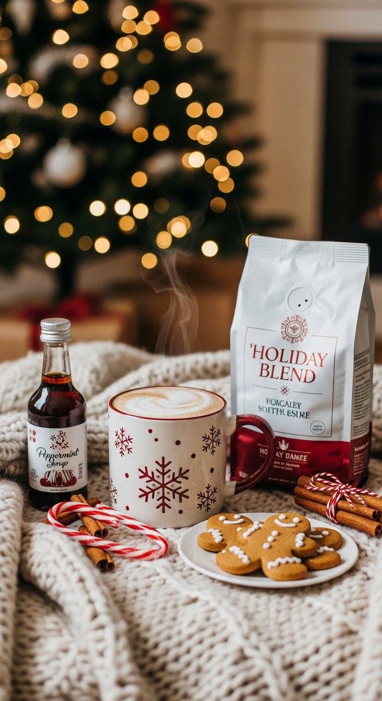 Christmas-themed coffee setup with snowflake mug, holiday blend coffee, gingerbread cookies, peppermint syrup, candy cane, and cinnamon sticks