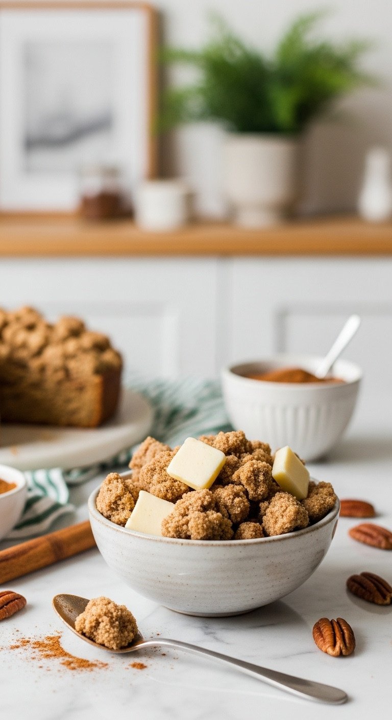 Easy Vegan Pumpkin Coffee Cake With Perfect Moist Streusel 3 Chunky vegan streusel topping with cinnamon, brown sugar, pecans in a bowl on marble countertop, clean kitchen setting.