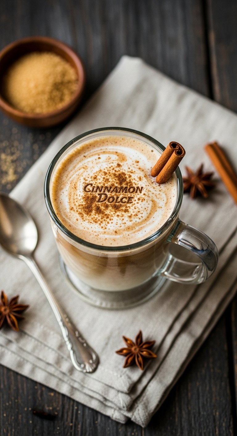 Perfect Cold Brew At Home With 7 Iced Coffee Recipes 10 Cinnamon Dolce Iced Latte in rustic glass mug, garnished with cinnamon and stick, on dark wood with brown sugar, star anise.