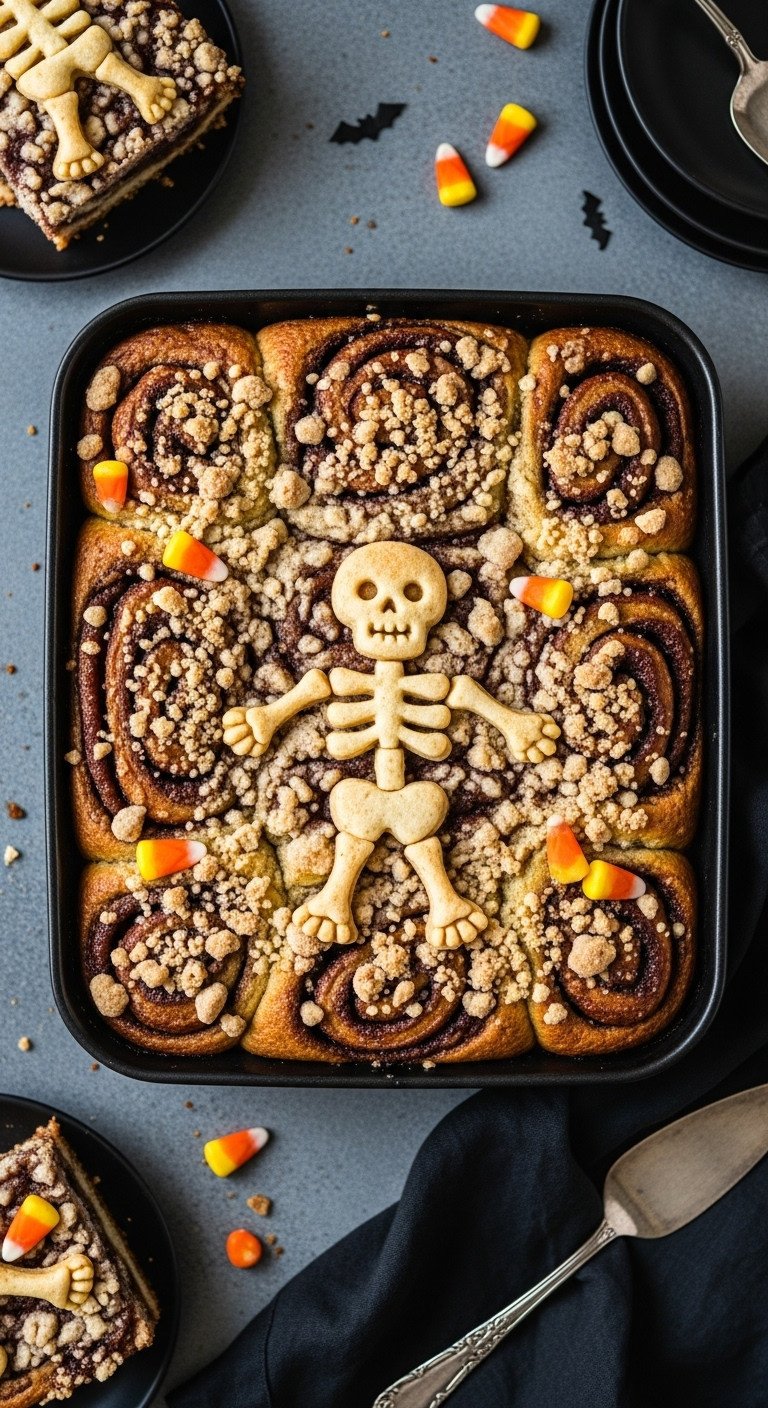 Cinnamon Swirl Coffee Cake with a streusel skeleton topping in a dark baking dish with candy corn and black napkin