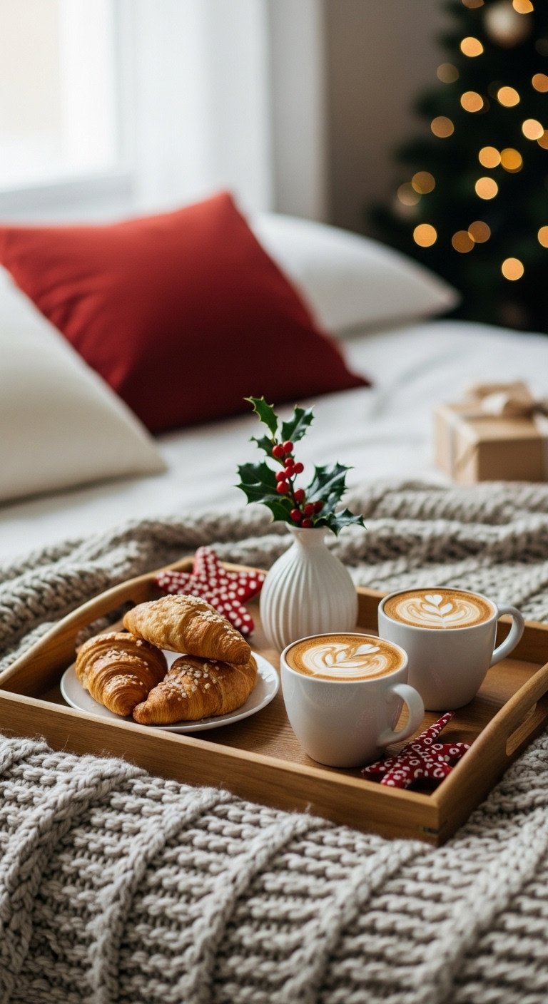 Classic Christmas morning coffee tray with lattes, croissants, and holly on a cozy bed. Magical festive scene.