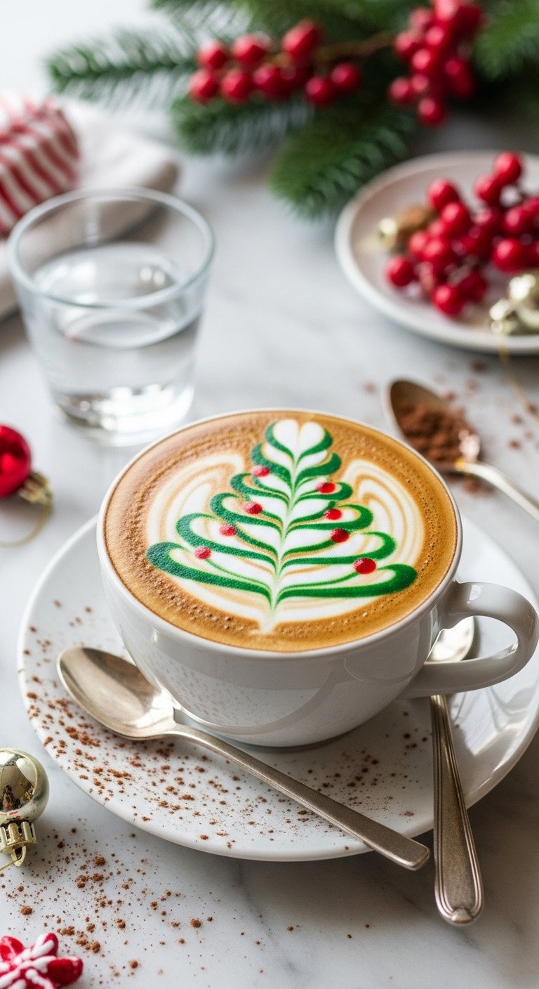 Classic Christmas tree latte art in a festive mug on a marble countertop with ornaments and cocoa. Elegant holiday coffee.