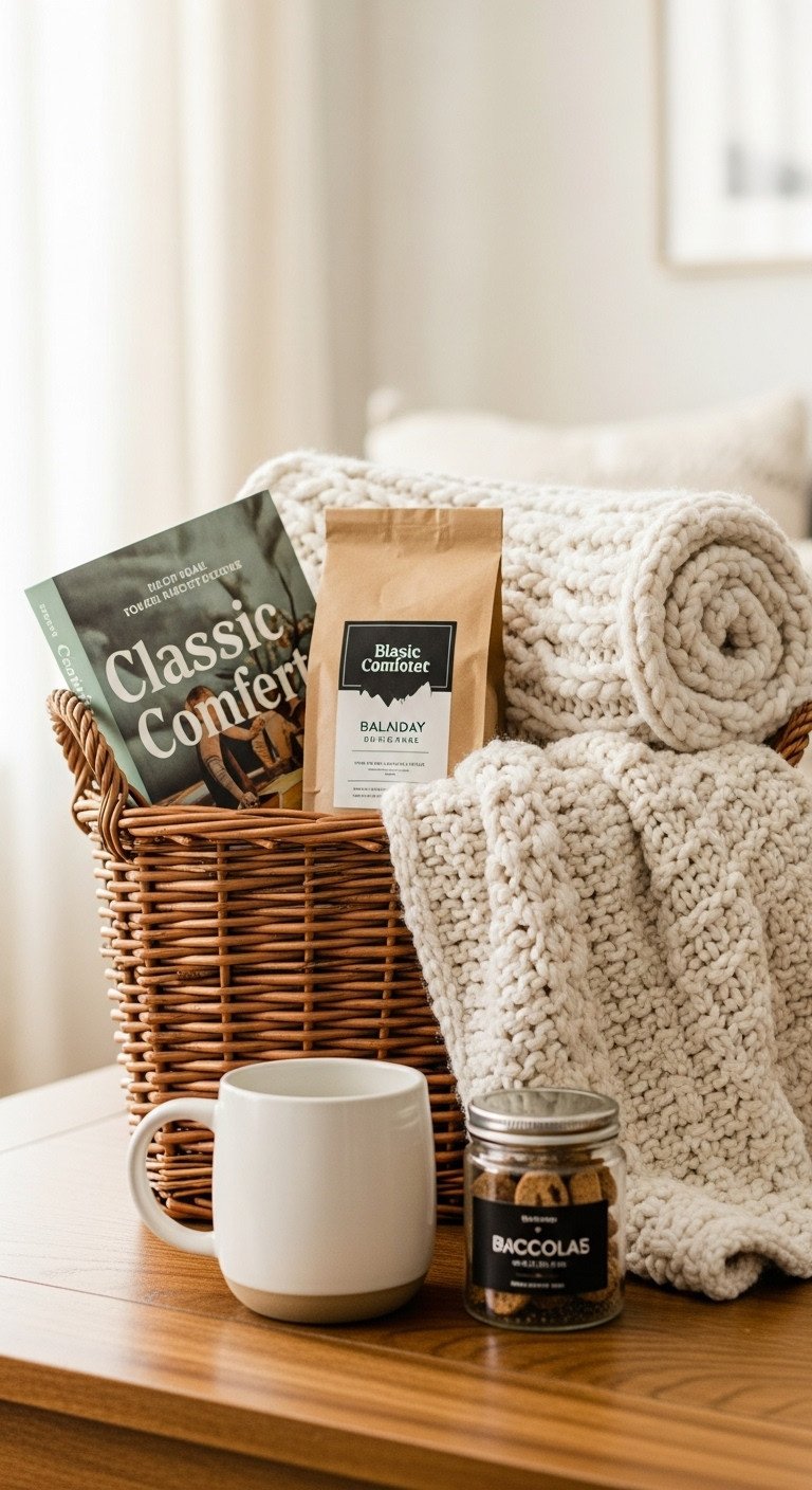 Classic Comfort gift basket with paperback novel artisanal coffee chunky knit blanket ceramic mug and chocolate biscotti on a wooden coffee table