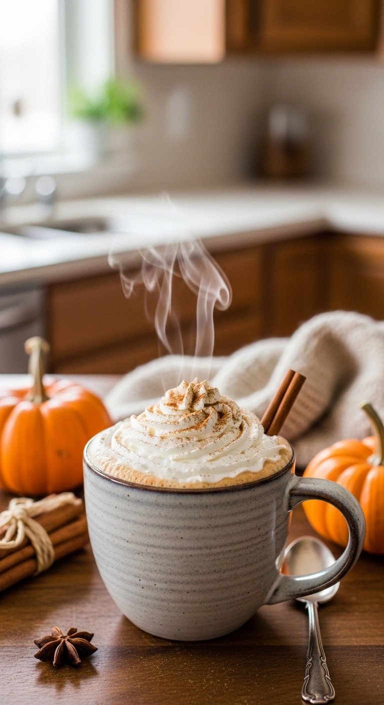 5 Best Homemade Pumpkin Spice Coffee Recipes to Try Now 1 Classic Cozy Pumpkin Spice Latte in a rustic ceramic mug with whipped cream cinnamon pumpkin and knit sweater on a wooden table