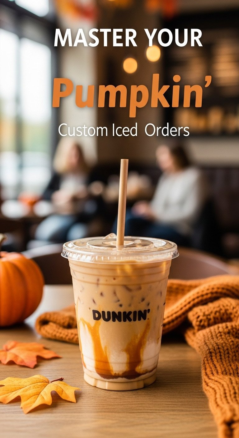Master Your Dunkin Pumpkin Iced Coffee Custom Orders 1 Classic Dunkin' Pumpkin Iced Coffee, light brown with frothy ice and pumpkin swirl, on a rustic table, cozy autumn cafe.