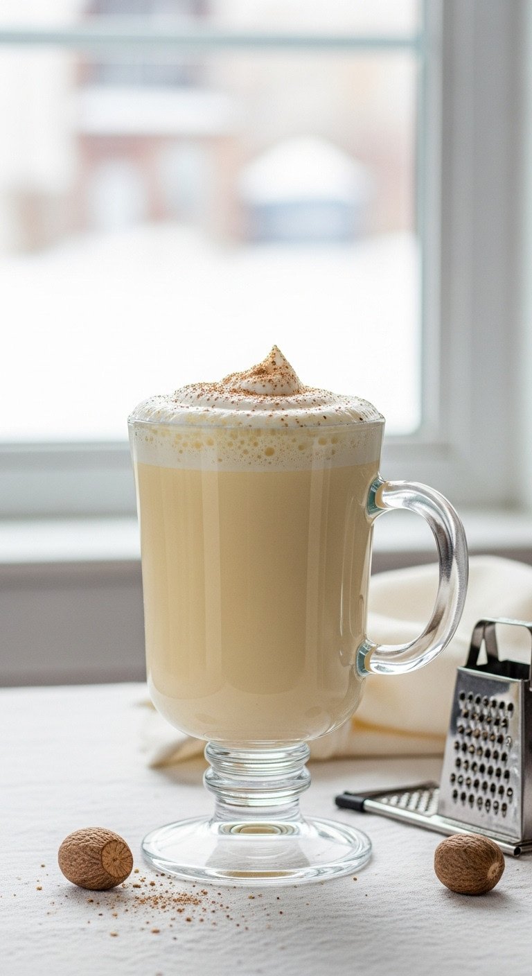 Classic Eggnog Latte in a glass mug with creamy foam and nutmeg on a white tablecloth by a snowy window