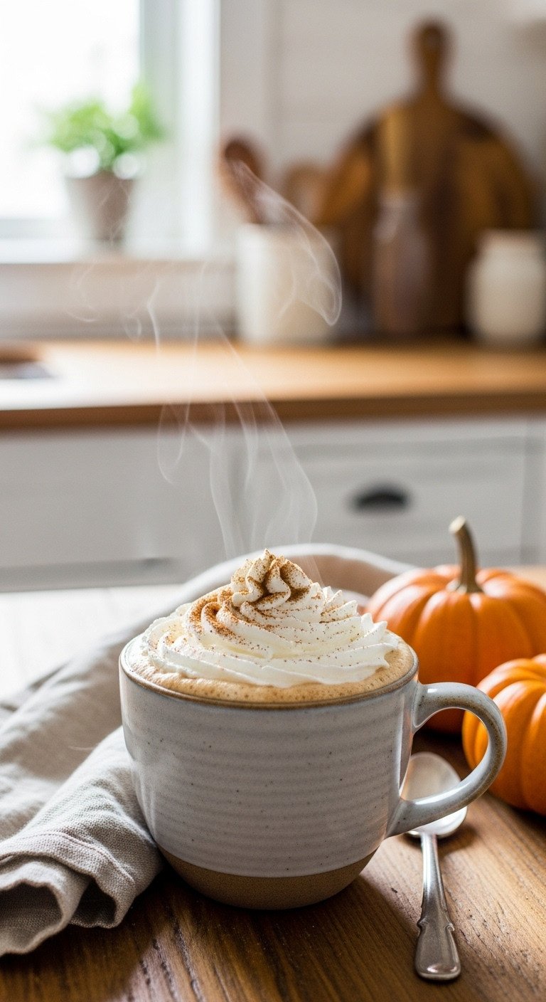 7 Cozy Hot Pumpkin Coffee Recipes Better Than Starbucks 1 Classic Hot Pumpkin Spice Latte in a ceramic mug with whipped cream cinnamon steam linen napkin and small pumpkin on a rustic wooden table