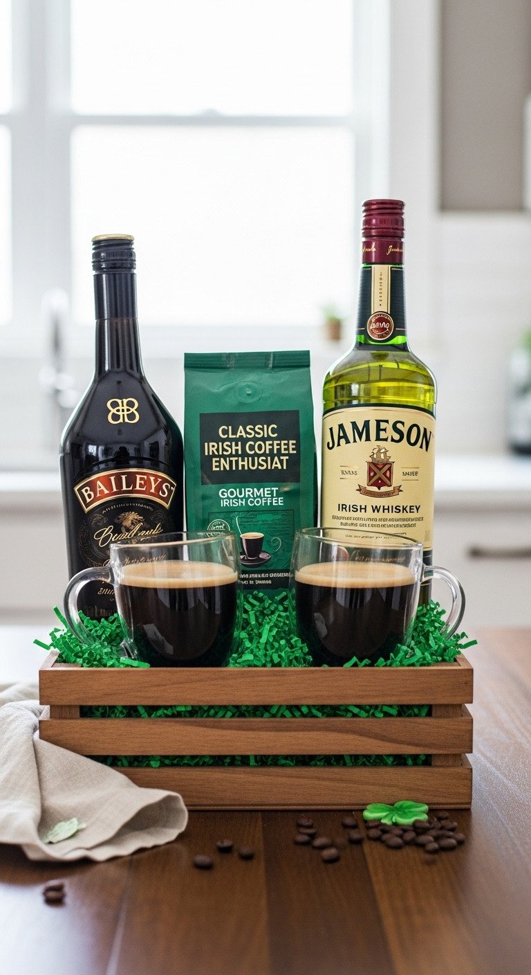 Classic Irish Coffee Enthusiast Gift Basket with Baileys Jameson gourmet coffee and mugs in a rustic wooden crate with shamrock on dark wood table