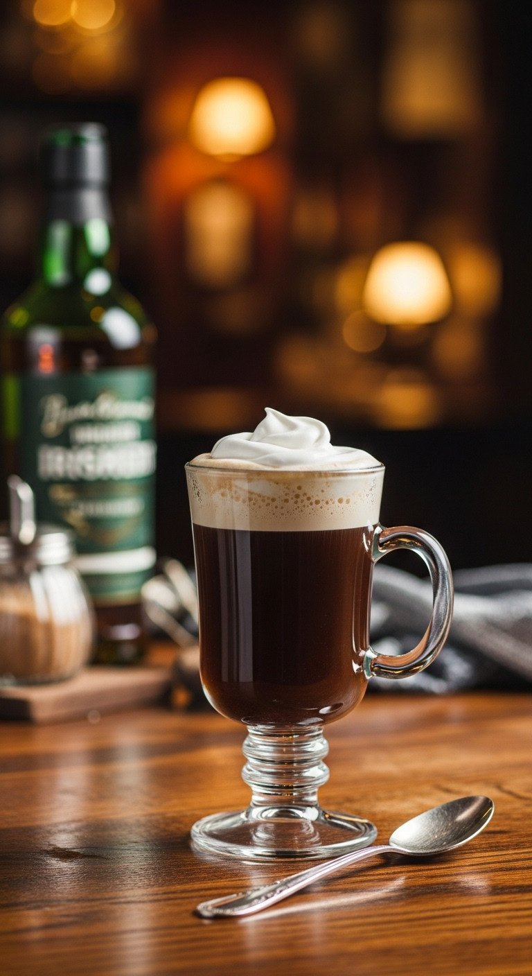 Classic Irish coffee in a stemmed glass with distinct layers and whipped cream on an aged oak bar top