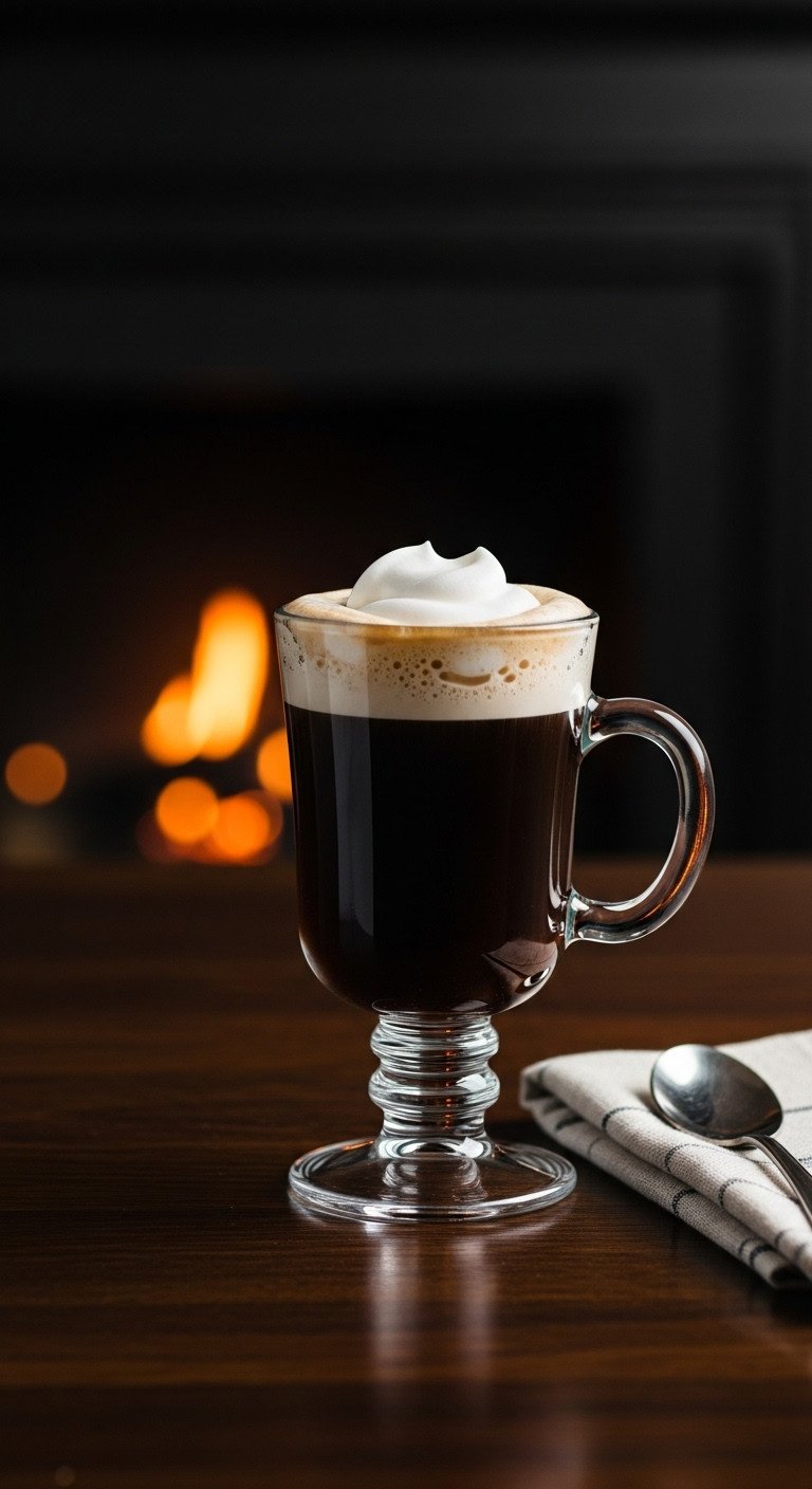 Classic Irish coffee in a stemmed glass with distinct layers of coffee and cream on a dark wood bar