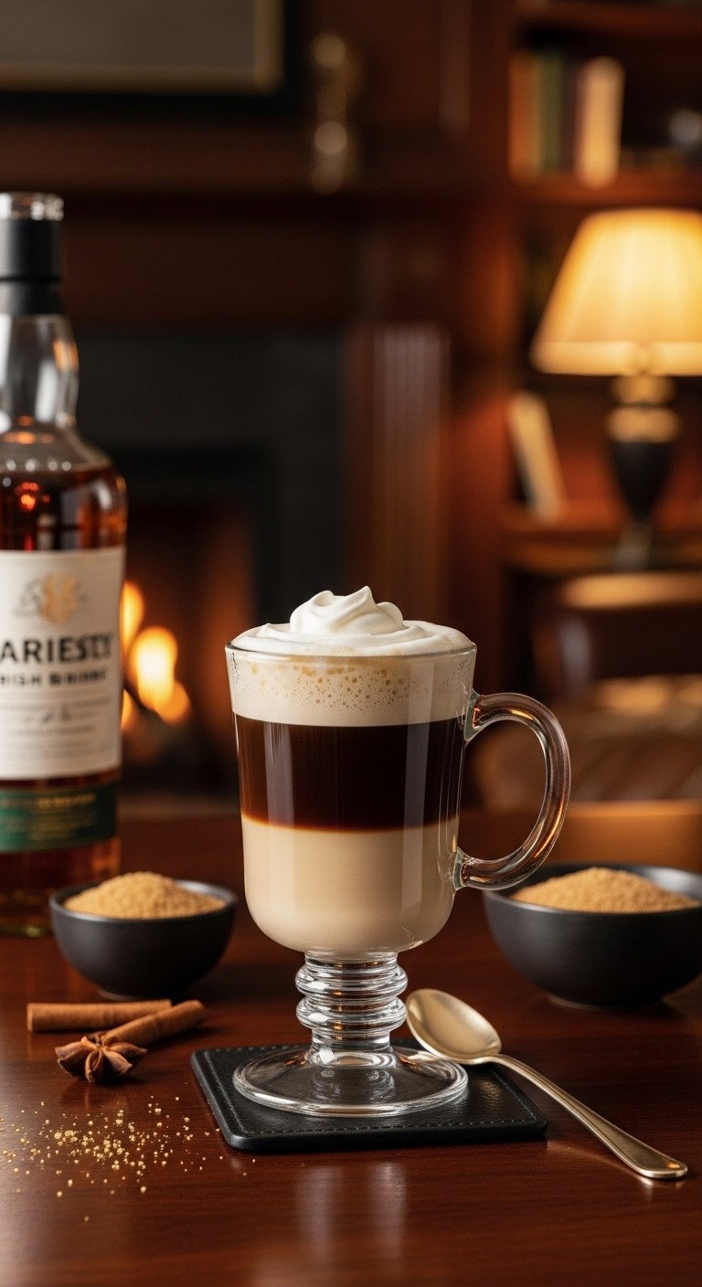 Classic Irish coffee in a stemmed glass with distinct layers of dark coffee and creamy whipped cream on a mahogany bar
