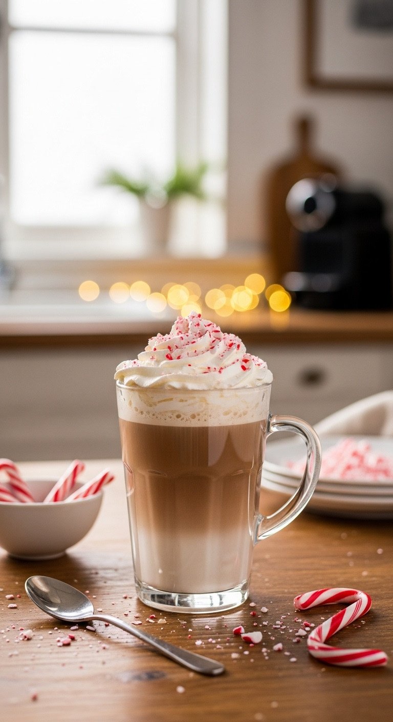 Classic Peppermint Mocha in a tall glass mug with whipped cream and crushed candy canes on a rustic table with a blurred festive kitchen