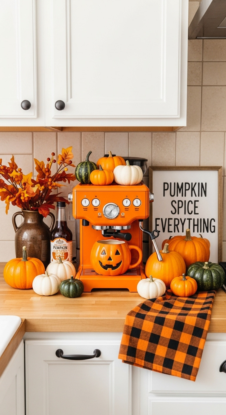 Classic Pumpkin Patch Halloween coffee corner with orange coffee machine mini pumpkins jack-o-lantern mug wooden sign plaid towel pumpkin spice syrup