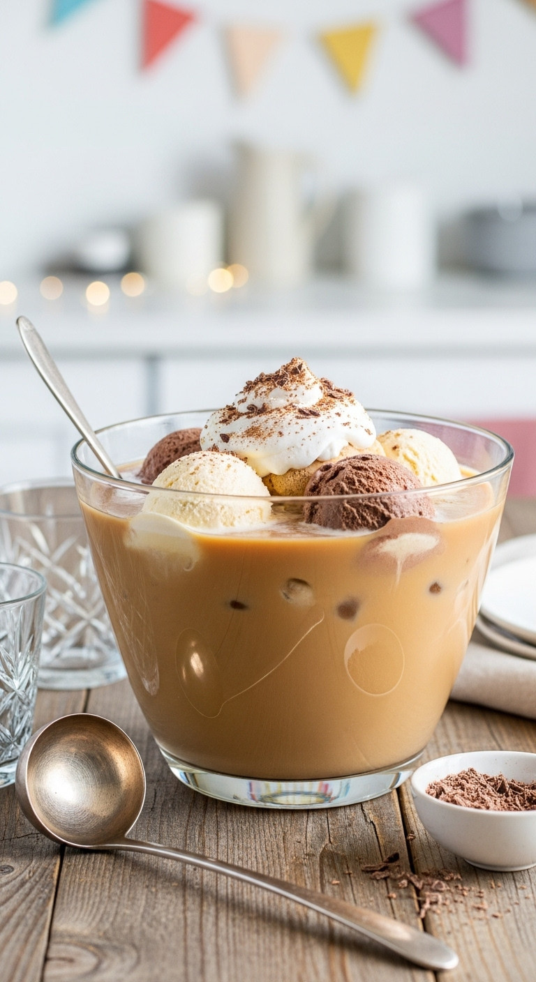 Classic Southern coffee punch with vanilla and chocolate ice cream whipped cream and chocolate shavings in a punch bowl with ladle and cups