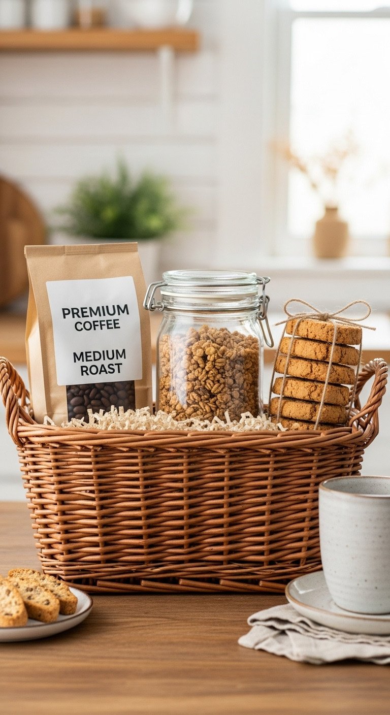Classic breakfast-themed coffee gift basket with coffee beans granola and biscotti in a wicker basket on a rustic table