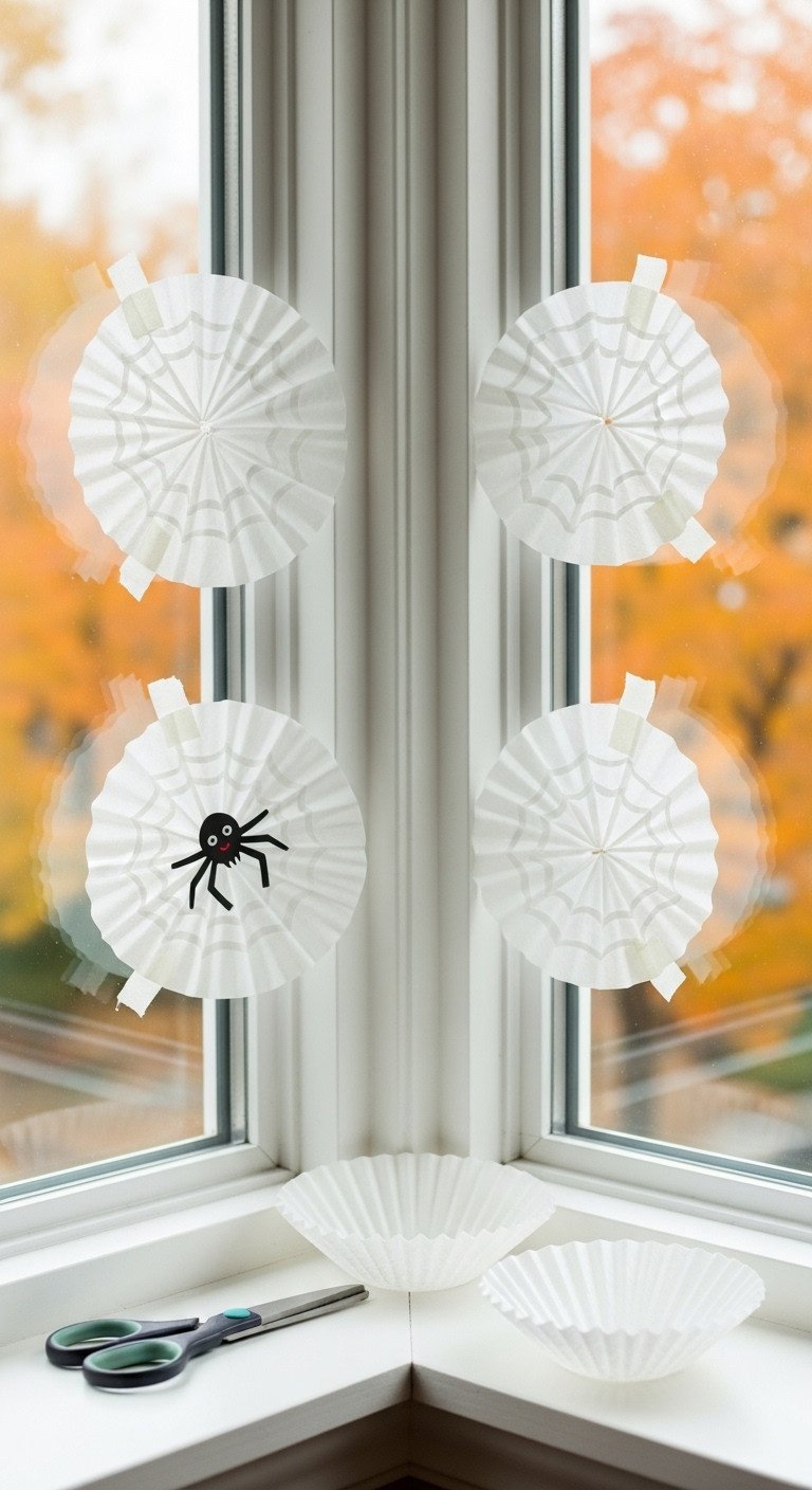 Classic coffee filter spiderwebs with a paper spider taped to a windowpane with autumn leaves outside