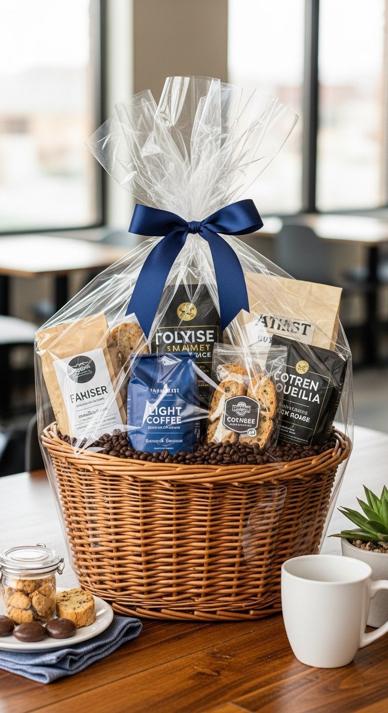 Classic coffee gift basket for office with gourmet beans biscotti chocolate espresso beans and navy blue ribbon in a modern breakroom