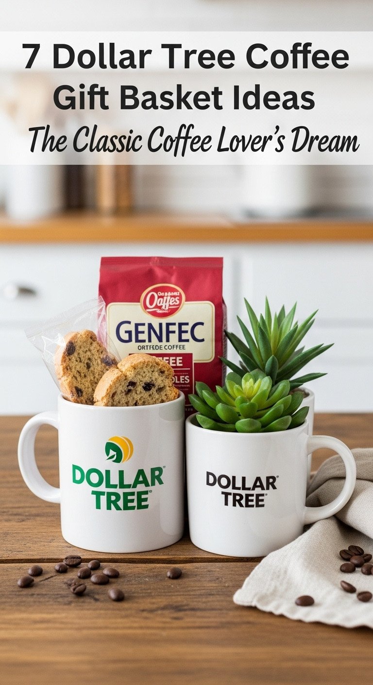 Classic coffee lovers dream Dollar Tree gift basket with ceramic mug coffee biscotti and succulent on a rustic table