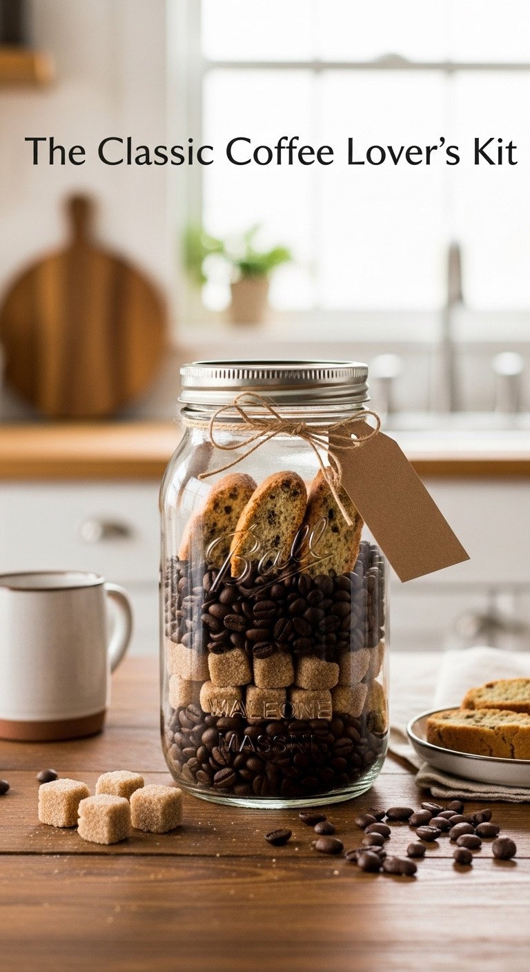 Classic coffee lovers kit DIY mason jar gift with layered coffee beans brown sugar and biscotti on a rustic wooden table