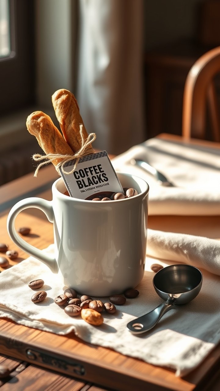 9 Creative Coffee Mug Gift Basket Ideas Anyone Can Make 1 Classic coffee mug gift basket with artisan beans biscotti and scoop on wooden table bathed in natural light perfect for coffee lovers