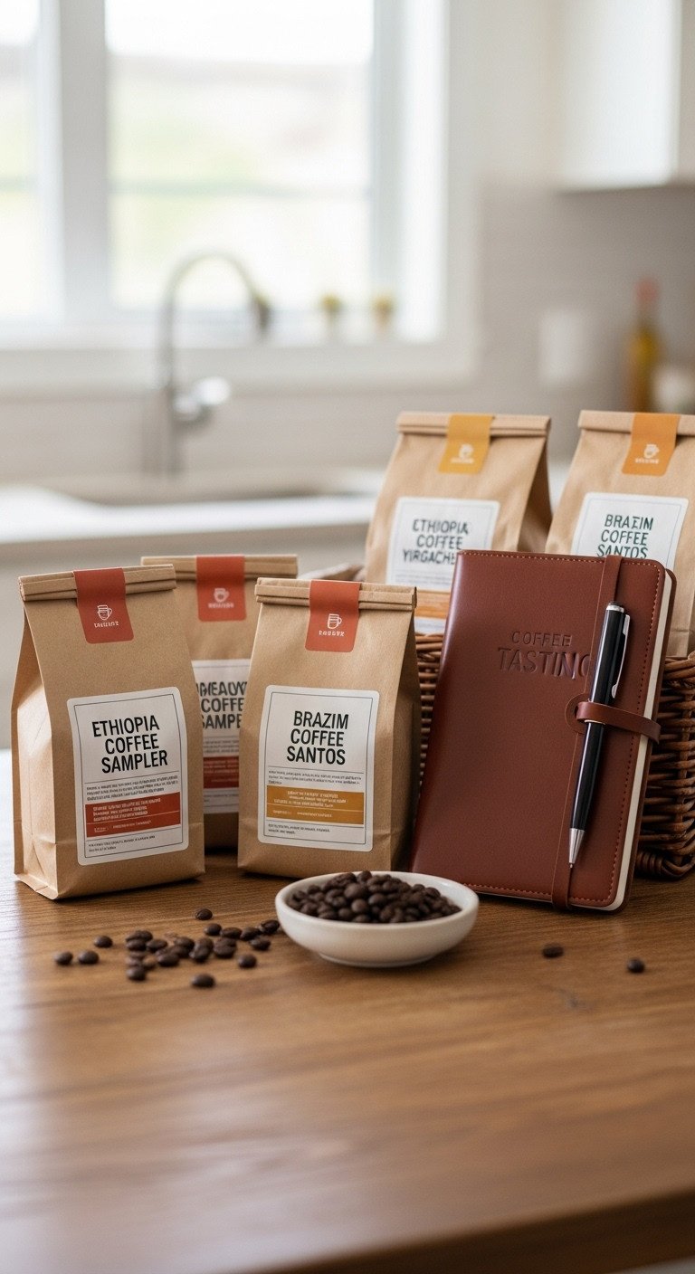 Classic coffee sampler birthday gift basket with artisanal coffee bags leather journal pen and wicker basket on a wooden table
